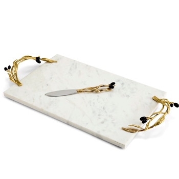 Aram Olive Branch Cheese Board 20X10in With Knife White Marble