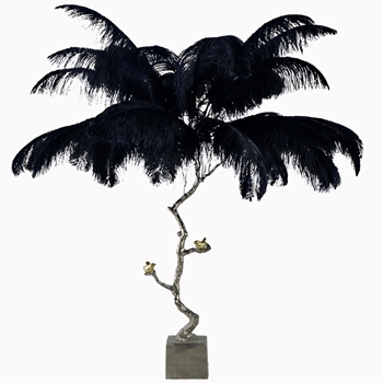 Lamp - Table Ostrich Plumes Black Twig and Bird Column Gold 51W/43H