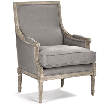Armchair - Louis Grey 100% Linen / Limed Oak Frame.  27W/25D/38H Down/Fibre Fill.  Toss Cushions 2x24SQ