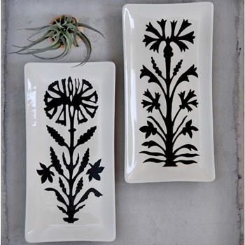 Flower Platter Stoneware Black & White 13L/6.5W