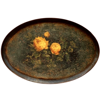 Tray - Vintage Painted Metal Oval Yellow Roses 25X17