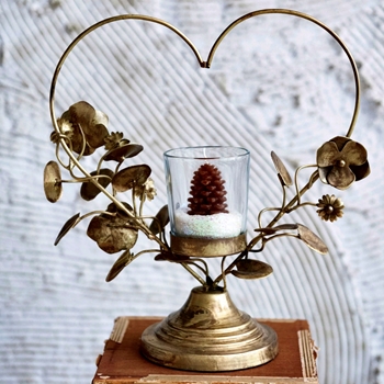 Candle Votive Botanical Heart Vintage Gold 10x4x10H