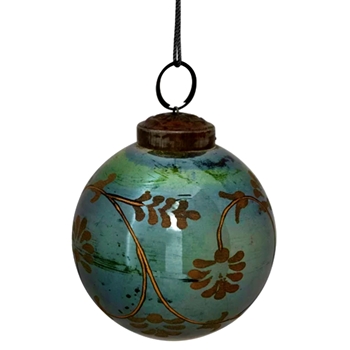 Ornament - Globe Vine Teal Gold Etched 3in