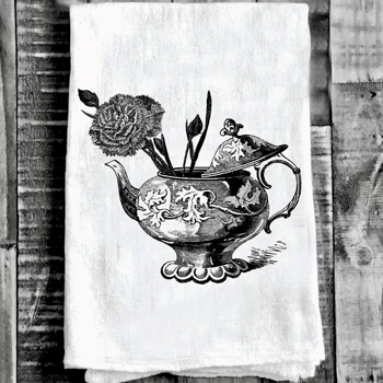 Tea Towel - Teapot Carnation White Flour Sack 27in SQ