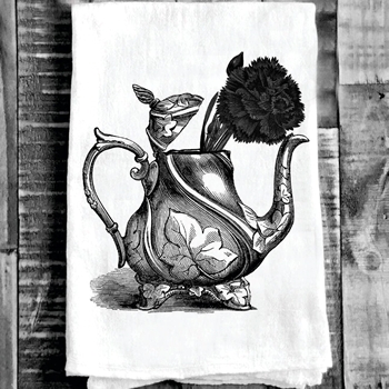 Tea Towel - Teapot Carnation Black Flour Sack 27in SQ