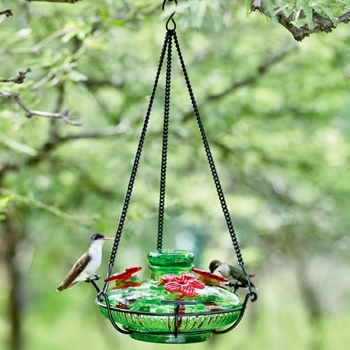 Hummingbird Feeder - Bloom Perch Green - 8in 16oz Hand Blown Recycled Glass