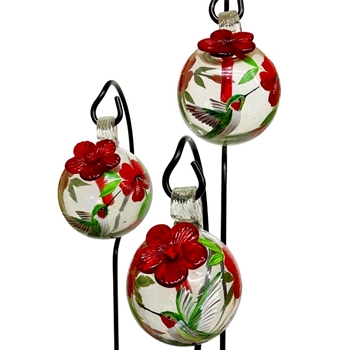 Hummingbird Feeder - Botanica Droplet Stake - 3.5in 2.5 oz Hand Blown Painted Recycled Glass