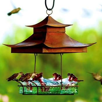 Hummingbird Feeder - Pagoda Perch Copper/Green - Hand Blown Painted Recycled Glass