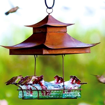 Hummingbird Feeder - Pagoda Perch Copper/Aqua - Hand Blown Painted Recycled Glass