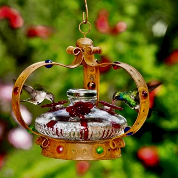 Hummingbird Feeder - Crown Camelot Bloom Clear - 8in 16oz Hand Blown Recycled Glass
