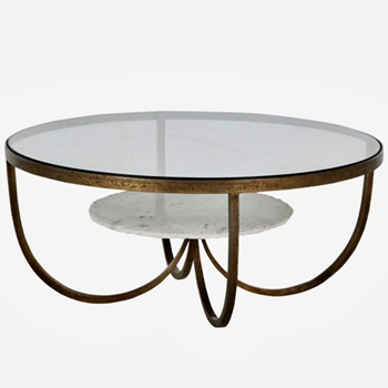 Coffee Table - Wilbur 36x16in Glass, Marble, Gilded Rustic Iron