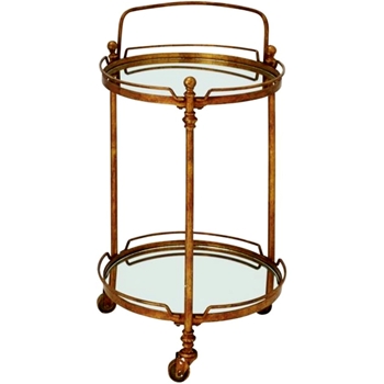 Accent Table - Serving Cart Antiqua Rustic Gold/Mirror Round 18inRound/31H