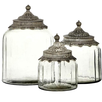 Jar - Canister Set Ribbed Glass w Vintage Silver Lace Metal Lids. SM 5x6in, MD 6x7in, LG 7x9in