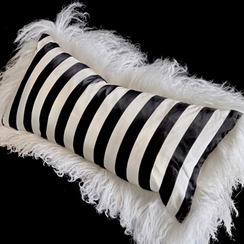 Tibet Fur Ivory with Black & White Taffeta 1in Stripe Silk Reverse Cushion 24X12