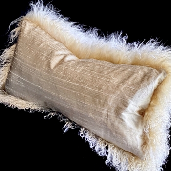 Tibet Fur Cream with Sand Dupioni Silk Reverse Cushion 24W/12H