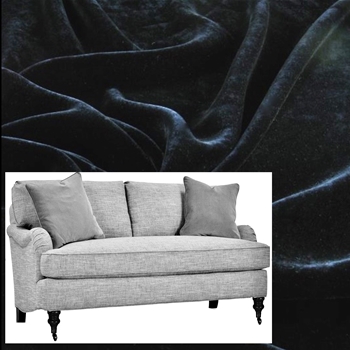 Julia Sofa Black Velvet 78W/37D/35H Bench Seat. Black 100% Polyester Velvet upholstery GR CC, Antique Black turned Legs, Bronze Castors.
