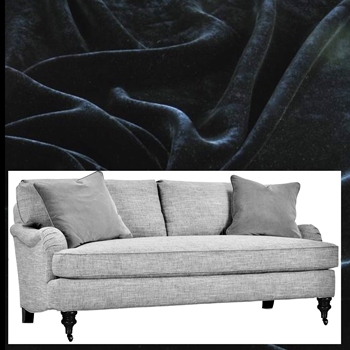 Julia Sofa Black Velvet 86W/37D/35H. Bench Seat. Black 100% Polyester Velvet upholstery GR CC, Antique Black Turned Legs, Antique Brass Castors.