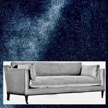Hepburn Sofa Indigo 90W/40D/34H - 100 % Polyester Velvet, 100K DR, Grade CC, Antique Black Turned Legs, Pewter Castors, Black Nickel Nails