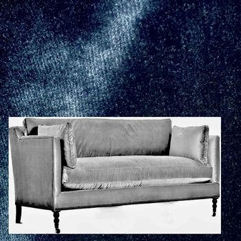Hepburn Sofa Indigo Velvet 71W/40D/34H - 100% Polyester Velvet, 100K DR, Antique Black Turned Legs, Black Nickel Nails, Pewter Castors
