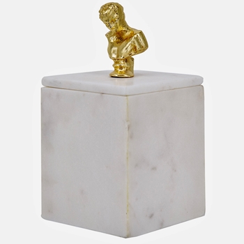 Box - Marble with Gold Bust Lid Handle 4W/8H White