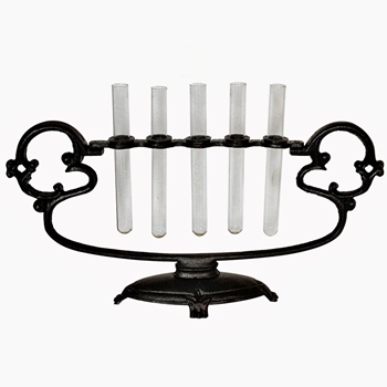 Vase - Iron Scroll - 5 Glass Stem Water Tubes - Mantle/Window/Table Centre 17W/4D/9H