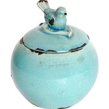 *Jar - Bird Top Turquoise Ceramic 7in Globe