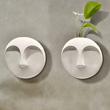 Vase - Wall Face Plaque 10W/3D - White Ceramic - Holds Water