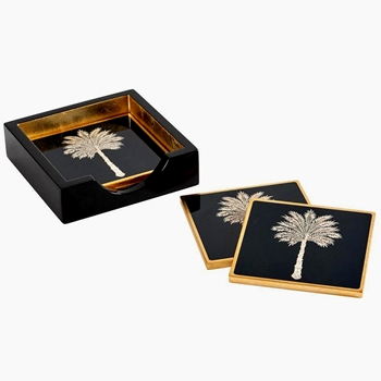 Coaster Set- Grand Palms Lacquer Black & Gold 5x5in Set of 4
