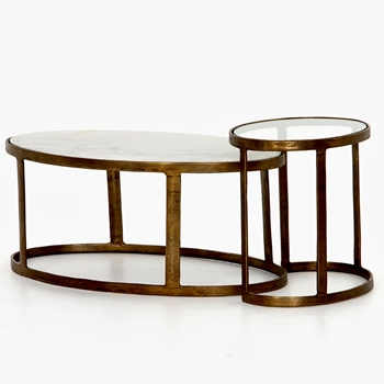Coffee Table - Calder Oval Nest - White Marble on Brass plated Iron Bases 48W/24D/19H