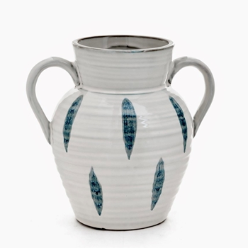 Vase - Shibori Leaves Verde on White Ceramic w/Handles 9x9in