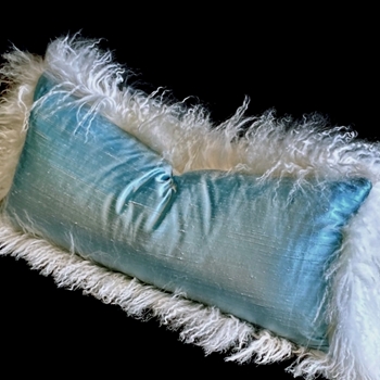 Tibet Fur Ivory with Aqua Dupioni Silk Reverse Cushion 24W/12H