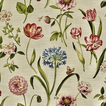 Print - Floral - Escape to Eden Eden Parchment  - 54in,  25K DR, 100% Cotton, 27in Vertical, 27Hor  Repeat,