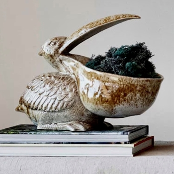 Planter - Pelican Bird Rustic Glazed Ceramic Stoneware 12L/7W/9H
