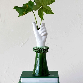 Vase - Hand Raised Green Ruffled Cuff Ceramic 5W/12H