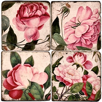 Coaster - Tumbled Marble Set4 - Roses - Pink