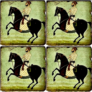 Coaster - Tumbled Marble Set4 - Mughal Miniatures Prince on Black Horse