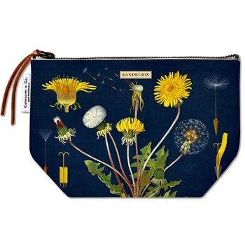 Pouch - Dandelions 9x6in Dark Lining, Cotton with Leather Pull - Italy