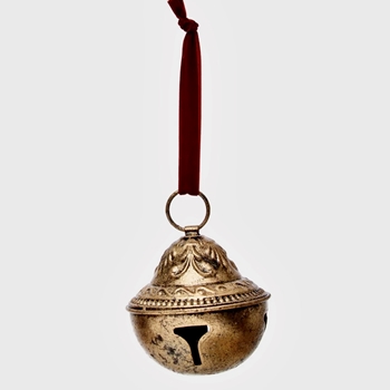 Ornament - Sleigh Bell 5in Gold / Red Ribbon