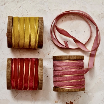 Ribbon - Velvet 10YD Wood Bobbin Gold, Red, Rose Sold Individually