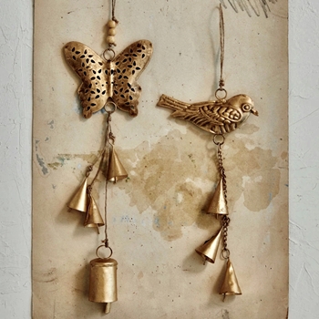 Bell Chime Dangle - Bird or Butterfly Asst 10in Gold