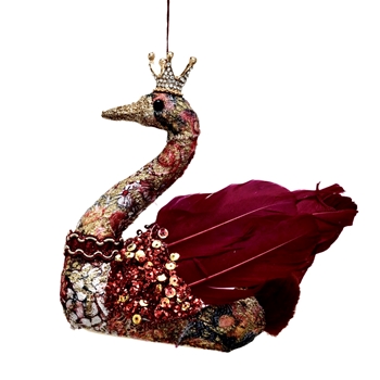 Bird - Swan Ornament 5in Beads Embroidery & Feathers 5in