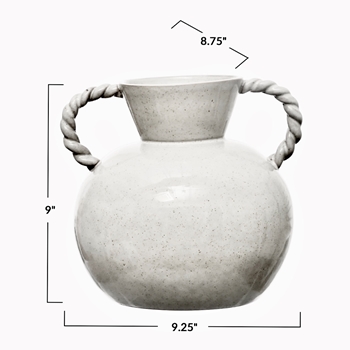 Vase - Round Urn with Rope Handles Antique White Ceramic 9in