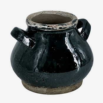 Vase - Rustic Glazed Terracotta Black Patina Squat Handled 8x7in