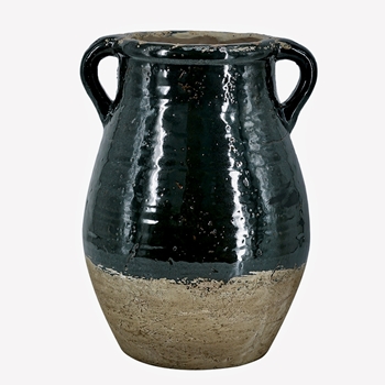 Vase - Rustic Glazed Terracotta Black Patina Tall Handled 10x13in