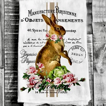 Tea Towel -  Bunny with Pink Roses & Cabbage Flour Sack 27in SQ