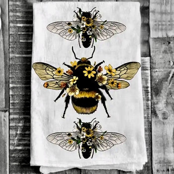 Tea Towel -  Vintage Bees with Flower Capes Flour Sack 27in SQ