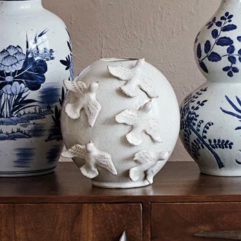 Vase - Rose Bowl Globe W Bird Relief White Ceramic 10in
