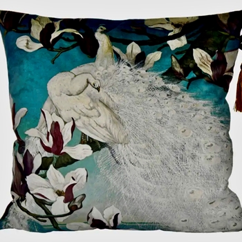 Cushion - White Peakock in Magnolia Tree -Teal Velvet 18SQ with Luxurious Synthetic Down Insert