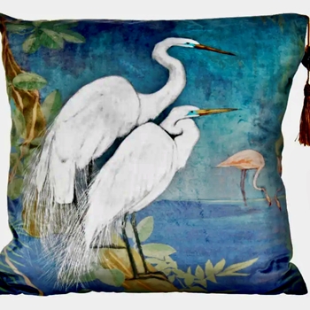 Cushion - White Storks at Seaside -Teal Velvet 18SQ with Luxurious Synthetic Down Insert