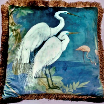 Cushion - White Storks at Seaside - Fringed eal Velvet 18SQ with Luxurious Synthetic Down Insert